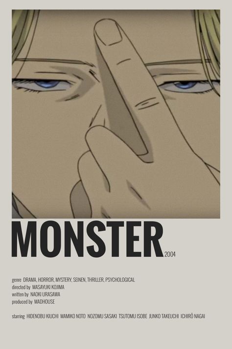 Monster Poster Anime, Monster Minimalist Poster, Animes To Watch List, New Game Anime, Anime Watchlist, Monster Manga, Good Anime, Anime To Watch, Monster Anime