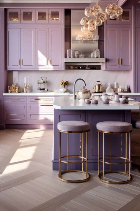 lavender pink kitchen Lavendar Kitchen, Retro Cabinets, Purple Kitchen Cabinets, Lilac Kitchen, Hot Pink Kitchen, Purple Interior Design, Lavender Kitchen, Pink Kitchens, Furniture Color Schemes