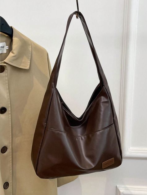 Retro Soft Leather Tote Bag Commuter Work Bag Bookbag For Women Coffee Brown Preppy,Fashionable   PU Leather Letter,Plaid,Plain,Plants,All Over Print Hobo Bag   Women Bags, size features are:Bust: ,Length: ,Sleeve Length: Bag Office Women, Retro Leather Tote Bag, College Bag Aesthetic, Toto Bag, Big Crossbody Bag, Laptop Purse, Everyday Shoulder Bag, Brown Leather Tote Bag, Soft Leather Tote