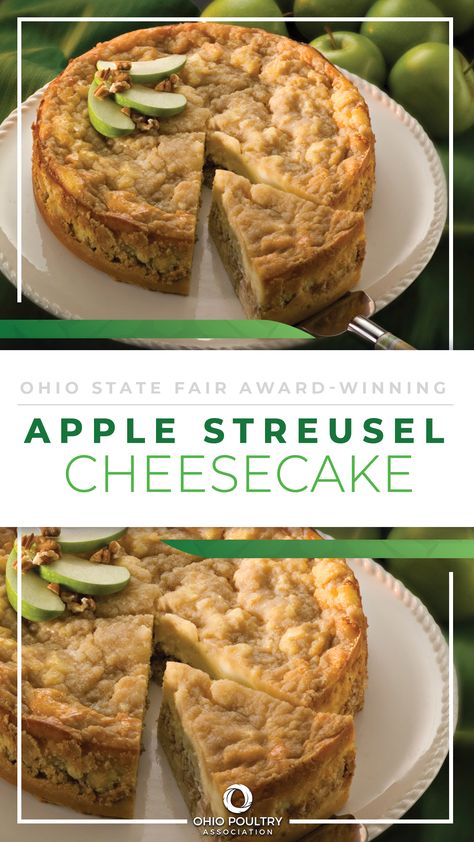 Award Winning Apple Recipes, Award Winning Desserts State Fair, State Fair Recipes, Award Winning Dessert Recipes, Award Winning Cheesecake, Apple Streusel Cheesecake, Baking Portfolio, Cheesecake Slices, Award Winning Desserts