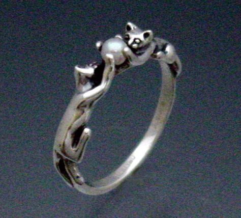 Silver Cat Ring, Ring With Pearl, Cat Things, Mermaid Ring, Two Cats, Cat Ring, Silver Cat, Cat Jewelry, Cat Stuff