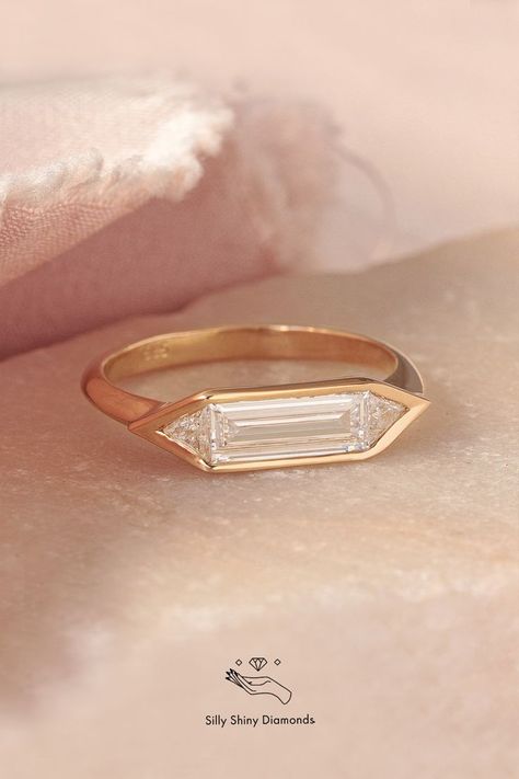 Long Baguette Ring, Horizontal Baguette Engagement Ring, Horizontal Stone Ring, Horizontal Stone Engagement Ring, East West Baguette Ring, Sideways Rectangle Engagement Ring, Geometric Wedding Ring, Horizontal Engagement Ring, Gold Stone Rings