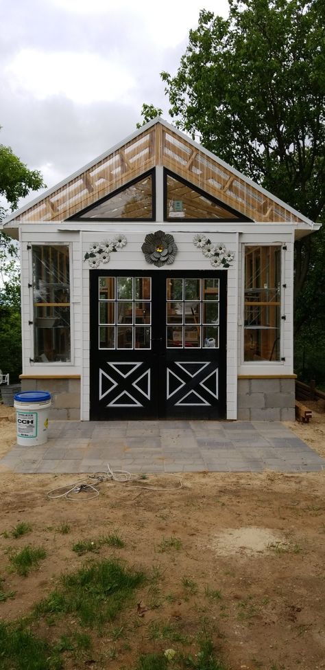 Greenhouse Off Side Of House, Diy Greenhouse Cinderblocks, Greenhouse With Used Windows, Garden Shed Windows, Greenhouse With Storage, Unique Greenhouse Ideas, Greenhouse With Porch, Greenhouse Colors Exterior, Diy Greenhouse Door