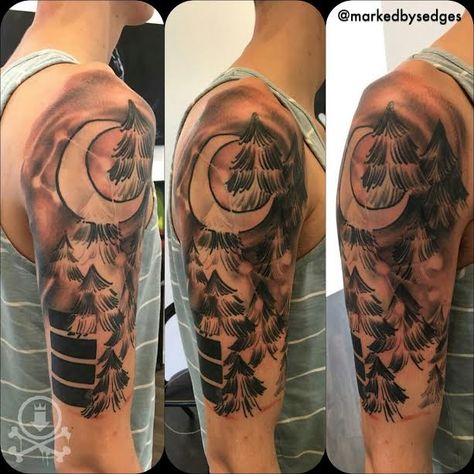 Awesome black and grey moonlit forest and night sky half sleeve by Mike Sedges.  #12ozstudios #team12oz #tattoos #tattooartist #moon #nightsky #forest #blackandgrey #halfsleeve #tattoosformen #tattoosforwomen Moonlit Forest, Half Sleeve, Night Sky, Night Skies, Skull Tattoo, Half Sleeves, Tattoos For Guys, Tattoo Artists, Tattoos For Women