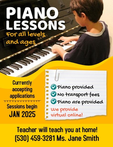 480+ music lessons Customizable Design Templates | PosterMyWall Piano Lesson Advertisement, Music Classes Poster, Piano Lessons Flyer, Class Poster Ideas, Class Poster Design, Piano Poster, Beginner Piano Lessons, Music Template, Piano Classes