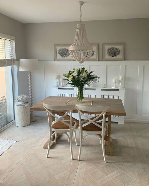 Kitchen Diner Decor, Dining Room Paneling, Cornforth White, Diner Decor, House Dining Room, Dream Kitchens Design, Farrow And Ball, Beaded Chandelier, Beautiful Bouquet Of Flowers