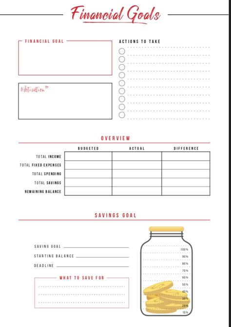 Tackle your financial goals with this financial worksheet. This sheet will help you to plan out the actions that are needed to check things off of your list. There is also a savings goal section that will help you to see where you are with meeting your savings and budgeting goals. This worksheet comes with a complete overview for your total income. Financial Worksheets, Budgeting Goals, Financial Literacy Worksheets, Budget Lifestyle, Financial Checklist, Printable Budget Worksheet, Money Sense, Savings Goal, Goals Sheet