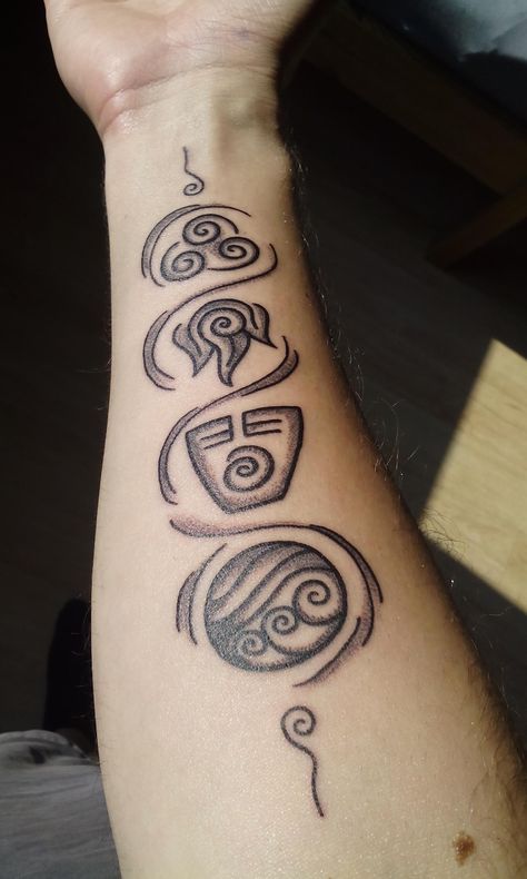 https://www.reddit.com/r/TheLastAirbender/comments/8uuhli/another_proud_owner_of_an_avatar_tattoo/ Avatar 4 Elements Tattoo, Iroh Tattoo Avatar, Avatar Aang Tattoos, Avatar Tattoo Ideas, 4 Elements Tattoo, Four Elements Tattoo, Element Tattoo, Atla Tattoo, Avatar Tattoo