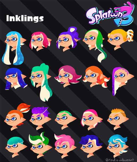 Splatoon 3 Character Design, Splatoon Hair Reference, Splatoon Eyes Reference, Custom Splatoon Hairstyles, Splatoon Art Style Tutorial, Splatoon Body Reference, Inkling Reference, Splatoon Inkling Hairstyles, How To Draw Inklings