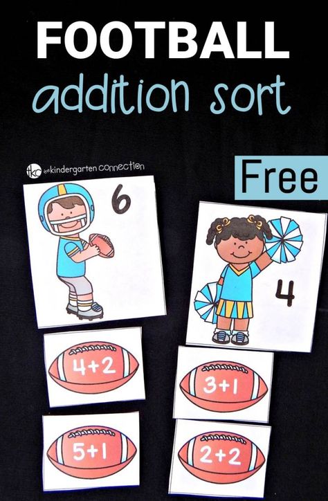 This super fun addition game is perfect for any little football fans!. Great for around the superbowl or anytime! Kindergarten Addition, Football Activity, Addition Kindergarten, Kindergarten Math Games, Addition Games, Math Centers Kindergarten, Kindergarten Games, Football Theme, Fact Fluency