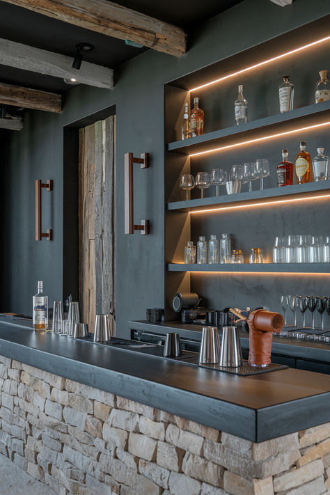 Refreshing Wet Bar Ideas You'll Get Thirsty For Bar Design In Home, Rustic Modern Bar, Wall Bar Ideas For Home, Wall Bar Ideas, Bar Wall Design, Back Bar Shelving, Modern Wet Bar, Wet Bar Ideas, Modern Bar Design