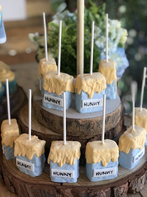 Winnie the Pooh rice Krispy treats Diy Winnie The Pooh, Pooh Baby Shower Ideas, Pooh Bebe, Birthday Surprises, Pooh Party, Christening Cakes, Winnie The Pooh Baby Shower, Pooh Birthday, Satisfying Things