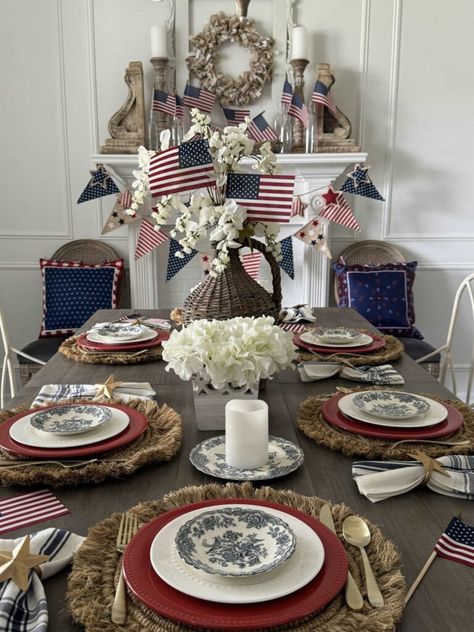 Are you looking for ways to decorate an inexpensive patriotic table? Use these tips to find beautiful patriotic table decor on a budget! Neutral Placemats, Patriotic Table Decor, Transferware Plate, How To Make Lanterns, Decor On A Budget, Beautiful Space, Holiday Celebration, Fourth Of July, Table Decor