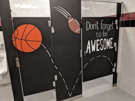 Inspiration Stalls - Boys School Bathroom Stall Art Makeover and Positive Messages Don't Forget to Be Awesome, Winning, Sports School Bathroom Makeover, Campus Beautification, School Bathroom Ideas, Parent Council, Toilet Makeover, Bathroom Murals, Club Bathroom, School Restroom, Bathroom Stalls