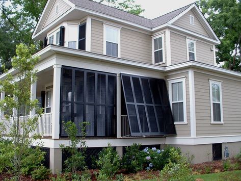 Bermuda Shutters, Porch Privacy, Window Shutters Exterior, Bahama Shutters, Outdoor Shutters, House Shutters, Patio Privacy, Building A Porch, Side Porch