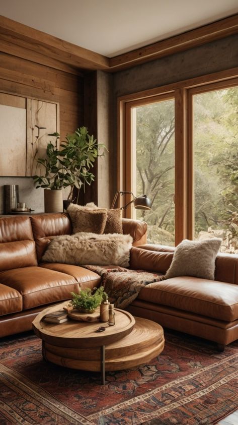 This warm and inviting living room is the perfect blend of western style and ranch house charm. The rich leather sectional sofa, cozy throw pillows, and rustic coffee table create a comfortable and stylish space. The large windows bring in plenty of natural light, while the artwork and plants add a touch of personality. This room is perfect for relaxing with family and friends or simply enjoying a quiet evening at home. ✨🔥🤍 Leather And Linen Living Room, Cozy Living Room Leather Couch, Leather Brown Couch Living Room, Living Room Inspiration Western, Modern Western Living Room Decor, Living Room Inspiration Leather Couch, Ranch Living Room Decor, Rustic Luxury Living Room, Western Living Room Ranch Style