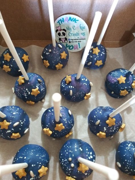 1st Trip Around The Sun Cake Pops, First Trip Around The Sun Birthday Party Desserts, Out Of This World Birthday Cake, To The Moon Party Theme, Elegant Space Theme Party, Space Theme Cakepops, Outer Space Dessert Table, Two The Moon Cake Pops, First Trip Around The Sun Pinata