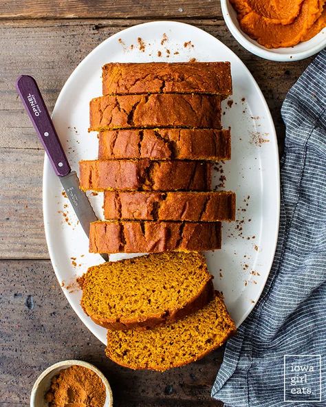 Quick and Easy Gluten Free Pumpkin Bread - Iowa Girl Eats Gluten Free Pumpkin Bread Recipe, Gluten Free Dairy Free Dessert, Gluten Free Pumpkin Bread, Iowa Girl Eats, Gf Bread, Gluten Free Sweet, Gluten Free Desserts Recipes, Pumpkin Bread Recipe, Dairy Free Dessert