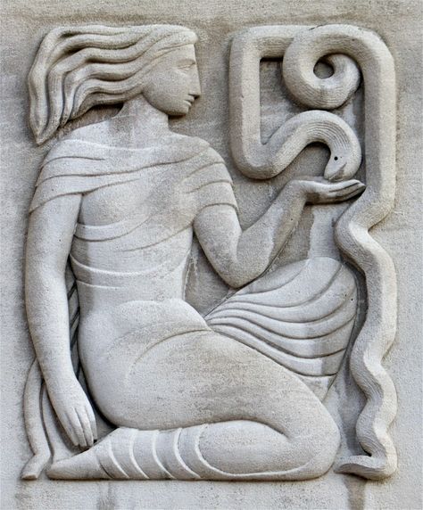 Asclepius, god of medicine, son of Apollo and the nymph Coronis, daughter of Phlegyas who lived at the foot of Mount Pelion, brought up by the wise centaur Chiron, is the most famous healer of diseases that plague people in antiquity, and the power arrives by raising the dead … Daughter of course, the Health .. Snake Charmer, Art Deco Sculpture, Relief Sculpture, Bas Relief, General Hospital, Stone Carving, Public Health, Ancient Art, Ceramic Sculpture