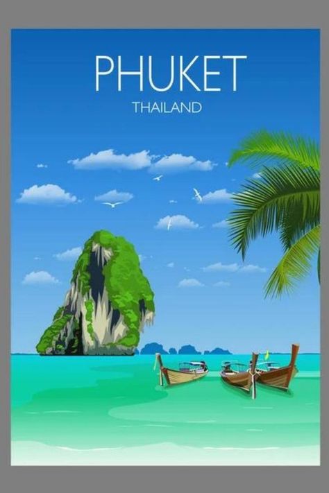 A bright and vibrant poster of stunning Phuket, Thailand. Phuket, a rainforested, mountainous island in the Andaman Sea, has some of Thailand's most popular beaches, mainly situated along the clear waters of the western shore. Part of our beautiful Travel Poster collection, all available as fine art prints or canvas prints and in various sizes. To shop our range of posters, click here https://www.etsy.com/uk/shop/NQMediaDesigns #travelprint #travelposter #travelprints Thailand Illustration, Phuket Thailand Travel, Island Poster, Vibrant Poster, Thailand Vacation, Illustration Simple, Travel Album, Poster Travel, Travel Postcard