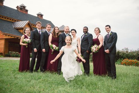 Wedding Party in Charcoal Gray and Burgundy Gray Bridal Party, Burgundy And Grey Wedding, Stone Tower Winery, Lace Tablecloths, Leesburg Virginia, Charcoal Suit, Stone Tower, Wedding Party Outfits, Wedding Bridal Party