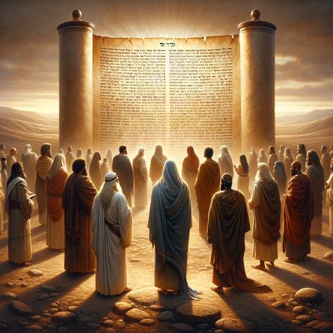 A symbolic representation of faith-based redemption in Hebrew scripture, focusing on Gentile salvation. The image features an ancient scroll with Hebrew texts, illuminated by a soft, divine light. In the foreground, a diverse group of Gentiles, depicted with respect to different ethnicities, are gathered in a semi-circle, looking towards the scroll with expressions of hope and curiosity. Their... Jesus In Hebrew, Scripture Design, Different Ethnicities, Bible Design, Ancient Scroll, Jesus Wall Art, The Torah, Sacred Scripture, Bible Study Plans