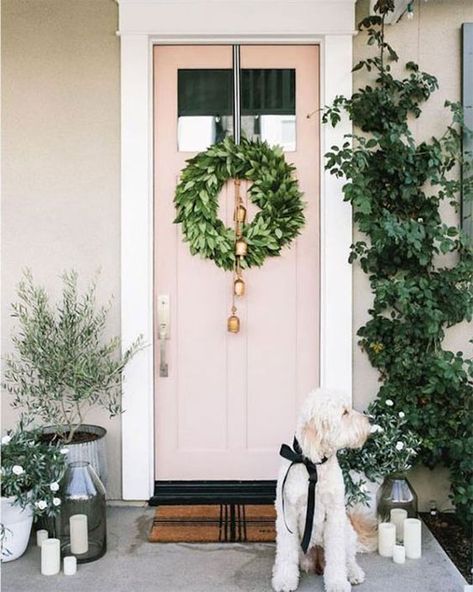 Mindy Gayer Design, Winter Entertaining, Pink Front Door, Interior Design Help, Farmhouse Front Door, Door Paint Colors, Pink Door, Front Door Colors, Front Porch Decorating