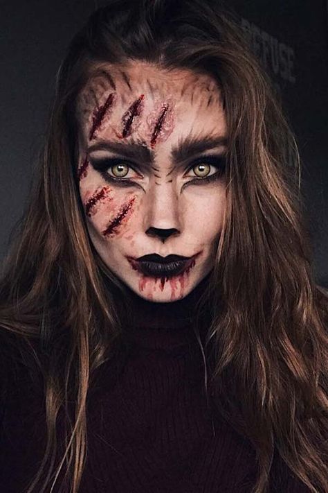 Red Riding Hood Makeup Scary, Half Scary Half Pretty Makeup, Werewolf Hairstyle, Claw Marks Makeup, Werewolf Couple Costume, Halloween Face Makeup Scary, Special Effects Makeup Ideas Creative, Scary Halloween Makeup Women, Halloween Make Up 2024