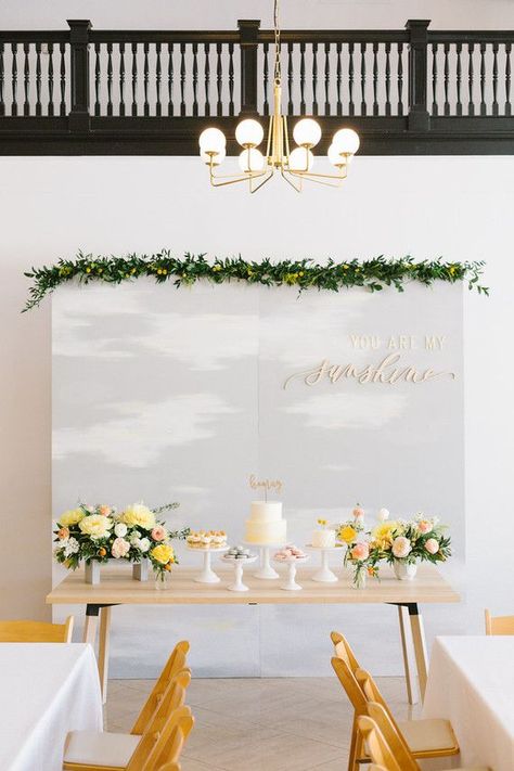 Sunshine 1st birthday Korean Dol | 100 Layer Cakelet | Bloglovin’ Sunshine Party Backdrop, Party Photography Ideas, Sunshine 1st Birthday, Sunshine Birthday Parties, Wedding Desert, Daisy Party, Birthday Party Photography, Sunshine Baby Showers, Sunshine Birthday