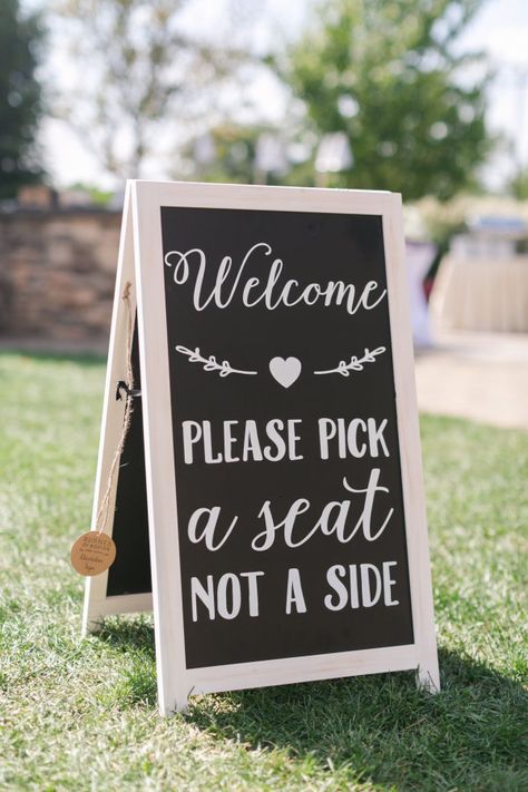 Welcome, please pick a seat not a side: http://www.stylemepretty.com/new-jersey-weddings/vernon-new-jersey/2017/01/17/from-friend-zone-to-the-prettiest-happily-ever-after/ Photography: Mekina Saylor - http://mekinasaylor.com/ and Cassidy K - http://www.cassadykphotography.com/ Rustic Chalkboard, Pick A Seat, Southwest Wedding, Virginia Wedding Venues, Bohemian Fall, Ceremony Signs, Chalkboard Wedding, Chalkboard Sign, Outdoor Wedding Ceremony