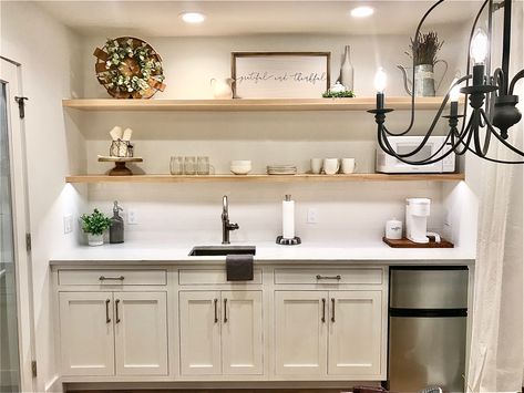 Floating Shelves Kitchenette, Basement Kitchenette With Floating Shelves, Basement Wet Bar Floating Shelves, Kitchenette With Floating Shelves, Kitchenette With Desk, Kitchenette In Living Room, Kitchen Wall Floating Shelves, Single Wall Kitchenette, Kitchenette Open Shelving