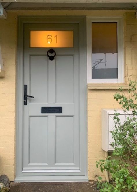 English Door, Grey Front Door, Downstairs Loo, Sandblasted Glass, Door Company, Door Numbers, Glass Front Door, House Numbers, Black Hardware