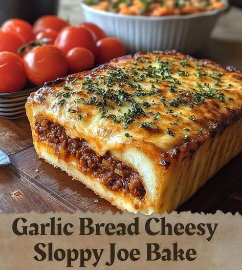 1960s Memories | Garlic Bread Cheesy Sloppy Joe Bake 🍞🧀🍔 | Facebook Sloppy Joe Bake, Garlic Cheesy Bread, Cheesy Sloppy Joes, Baked Apple Fritters, Green Salad Dressing, Plain Bread, Skillet Potatoes, Green Bell Pepper, Steak Butter