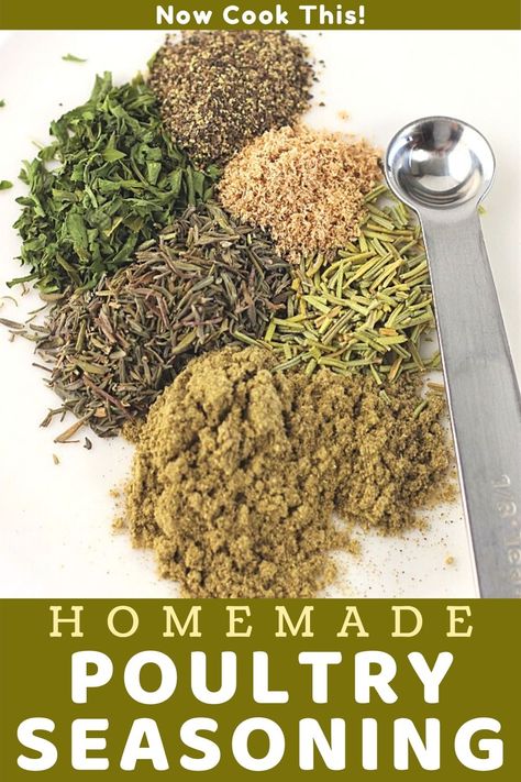 Homemade Poultry Seasoning is so easy to make using six common herbs and spices (you probably already have them all in your pantry!). It's great for turkey and chicken dishes and is fabulous in stuffing. Get the recipe, make a batch, and get ready for all those holiday recipes! #homemadepoultryseasoning #poultryseasoning #homemadespicemix #spicemix Homemade Poultry Seasoning Recipe, Stuffing Mix Recipes, Poultry Seasoning Recipe, Chicken Seasoning Recipes, Turkey Seasoning, Homemade Dry Mixes, Dry Rub Recipes, Spice Blends Recipes, Homemade Spice Mix