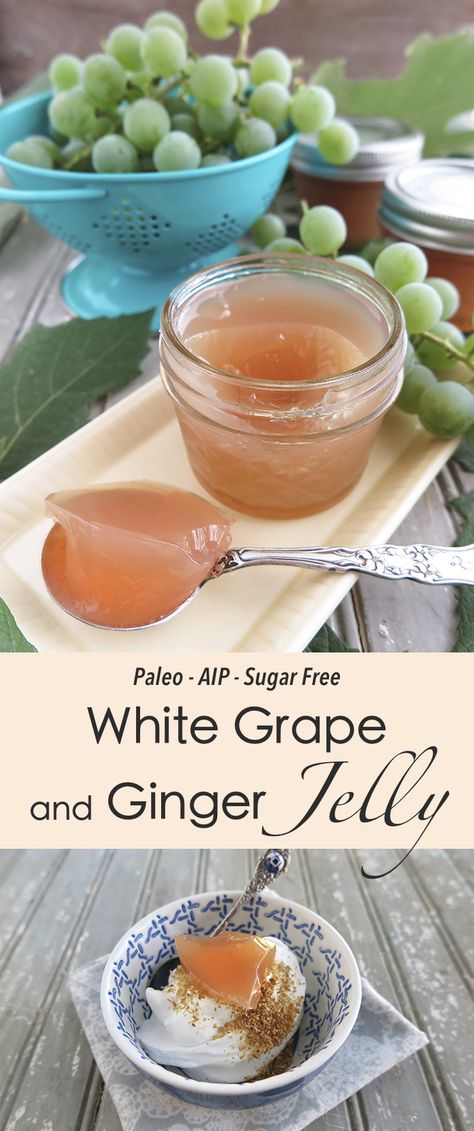 Sugar Free White Grape and Ginger Jelly with Pomona Pectin (Paleo, AIP) Ginger Jelly, Salty Tart, Grapefruit Margarita, Grape Recipes, Jelly Recipe, White Grape, Sparkling Rose, Autoimmune Paleo, Grape Jelly