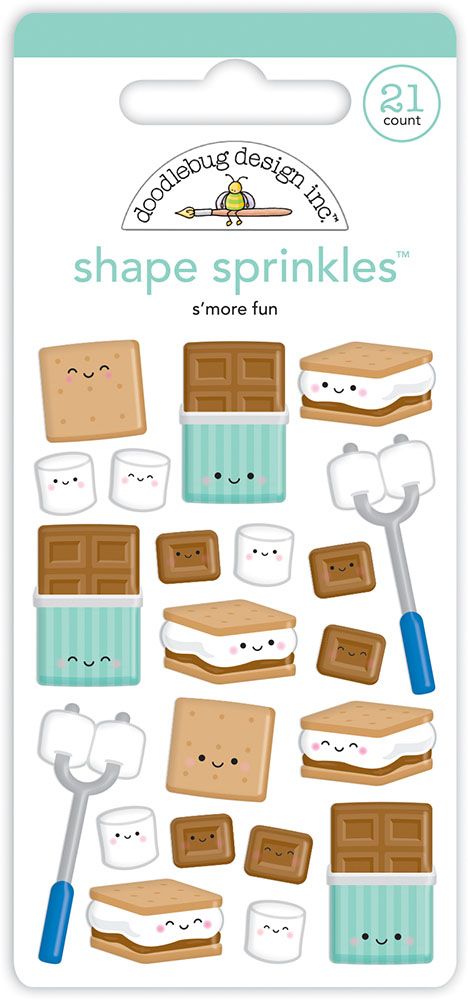 This package of dimensional stickers is all about S'more Fun shapes. This package is from the Great Outdoors Collection from Doodlebug Design. This package includes self-adhesive enamel shapes. This package features graham crackers, marshmallows, and chocolate bars to make up the S'mores. There are also two marshmallow roasting poles that melt the marshmallows. Everyone loves s'mores when camping so they will be right at home on your camping projects. These stickers can be added to scrapbook pag Camping Projects, Marshmallow Roasting, Epoxy Stickers, Doodlebug Design, Crafts With Pictures, Kawaii Stickers, Scrapbooking Embellishments, Scrapbook Embellishments, Scrapbook Paper Crafts