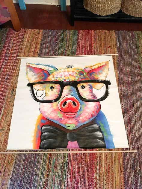 How to Make a Canvas Scroll Art Hanging - $5 Display Fix for Unstretched Canvas - Pig Art - Playroom Art - Canvas Scroll Art - Home Decor - Hanging Art - The Gifted Gabber Pig Wall Art, Scroll Art, Wall Art Tutorial, Unstretched Canvas, Playroom Art, Pig Art, The Gifted, How To Hang, Slip Covers Couch