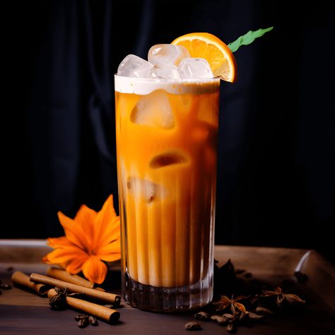 Ingredients: Ceylon tea:1 cup · Water:2 cups · Star anise:2 · Condensed milk:1/4 cup · Sugar:1/4 cup · Orange blossom water:1 tsp · Tamarind:1 tsp · Vodka:1 oz Thai Tea Cocktail, Thai Cocktails, Thai Drinks, Water Cocktails, Tea Cocktail Recipes, Thai Milk Tea, Tea Cocktail, Black Tea Leaves, Orange Blossom Water