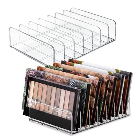 PRICES MAY VARY. 2 PACK MAKEUP PALLET ORGANIZER: Size of the cosmetic organizer is 6.7x4.9x1.7 inches/17x12.5x4.3 cm. Space between each divider is 0.8 inch/2cm. Use freestanding as a palette holder makeup organizer or as a makeup drawer organizer. 7 - COMPARTMENT MAKEUP PALETTE ORGANIZER: Designed with seven divided sections to hold all of your favorite eyeshadow, contour, blush, highlighter, and lip palettes. Simple palette holder designed for many different palette sizes. ACRYLIC MAKEUP ORG Makeup Palette Display, Bookshelf Makeup Organization, Eyeshadow Storage Ideas, Makeup Pallet Organization, Eyeshadow Palette Organization, Organizing Makeup Drawer, Makeup Desk Organization, Pallet Organizer, Makeup Palette Organizer