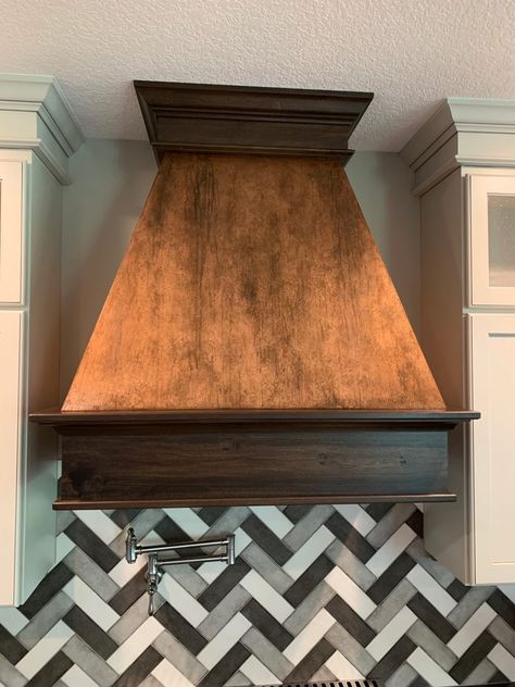 Faux Copper Range Hood, Diy Copper Range Hood, Fireplace Baby Gate, Soffit Ideas, Modern French Decor, Copper Hood Vent, Copper Kitchen Hood, Mexico Decor, Kitchen Hood Design