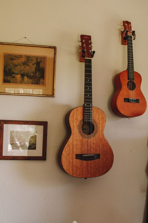 Guitar And Ukulele On Wall, Guitar Wall Aesthetic, Guitar On Wall, Ukulele Decoration, Ukulele Aesthetic, Ukulele Wall Mount, Guitar Wall, Music Life, Room Redo