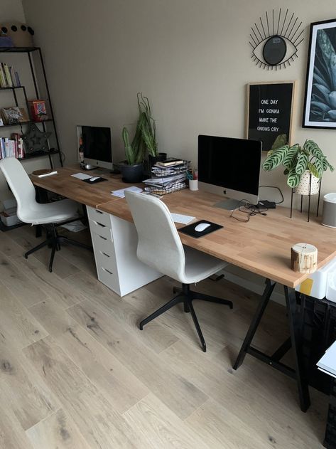 Really Long Desk, 2 Person Desk Home Office Ikea, Home Office 2 Person, Office Table For 2 Person, Ikea Desk For 2, Ikea 2 Person Desk, Shared Home Office Space, Home Office Long Desk, Shared Desk Ideas