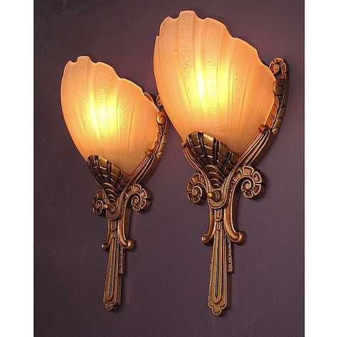 Elegant and stately pair of vintage Art Deco era wall sconces from the late 1920s to 1930s. Their well detailed design and inherent beauty spans numerous genres of architectural styles to be a welcome addition to any home, from a classic Bungalow to a grandiose Italianate http://www.vintagelights.com/product/1/slip-shade-wall-sconces-pair-vintage.html Antique Sconces Vintage, Classic Bungalow, 1930s Decor, Craftsman Interiors, Sconces Vintage, Lamps Hanging, Art Nouveau Lighting, Art Deco Accessories, Art Deco Ideas