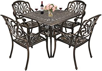 Amazon.com: TITIMO 5-Piece Outdoor Furniture Dining Set, All-Weather Cast Aluminum Conversation Set Includes 4 Chairs and 1 Square Table with Umbrella Hole for Patio Garden Deck, Blooming Flower Design: Garden & Outdoor Patio Furniture Dining Set, Table With Umbrella, Outdoor Conversation Sets, Patterned Chair, Aluminum Furniture, Aluminum Patio, Square Table, Deck Garden, Patio Dining Set