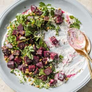 Beet Salad with Spiced Yogurt and Watercress College Dinner, Beet Salad Recipe, Pistachio Salad, Beet Salad Recipes, Crunch Recipe, Yogurt Dressing, America's Test Kitchen Recipes, Goat Cheese Salad, Cooks Illustrated