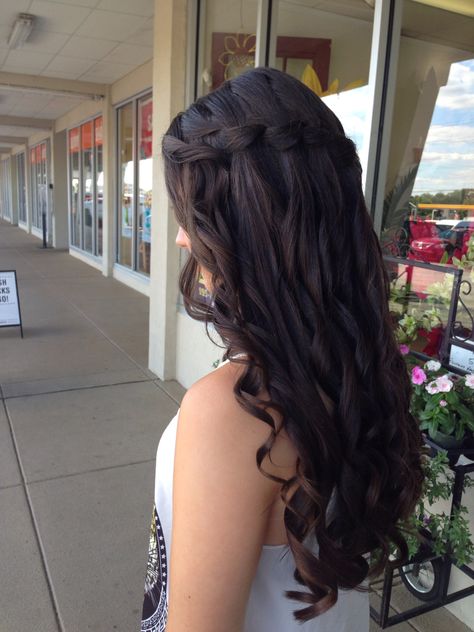 Curls With Waterfall Braid, Prom Hairstyles With Braids And Curls, Waterfall Braid Brown Hair, Wedding Waterfall Braid, Waterfall Braid With Curls Wedding, Waterfall Half Up Half Down, Hairstyles For Prom Medium Length Curls, Curled Hair With Braids, Cascade Braid