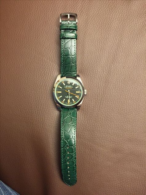 Rolex Milgauss GV with green leather strap Modern Green Leather Watches, Rolex Milgauss Green, Green Watches With Leather Strap And Round Dial, Green Leather Analog Watch, Luxury Green Watch With Leather Strap, Rolex Milgauss, Green Watch, Suit Style, Mechanical Watch