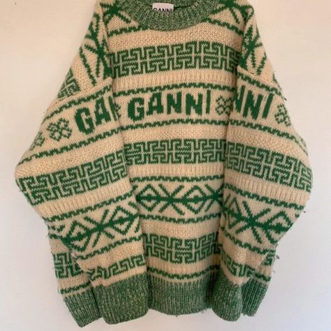 GANNI green and white pattern wool jumper pullover sweater Ganni Jumper, Ganni Knit, Ganni Sweater, Summer Jumpers, Wool Jumper, Green Sweater, White Patterns, Printed Design, Green And White