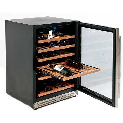 Avanti 24\" Designer Series Wine Chiller Store and chill wine bottles in this unit with a net capacity of 51 bottles. One touch digital control allows you select red, white or sparkling wine temperatures. The built-in fan with a charcoal filter will maintain an even temperature and keep your drinks at their best. Pull-out wooden shelves let you configure the interior of the unit as you wish. Its double-pane glass door and stainless steel frame offer a stylish way for you to view what's inside yo Wine Chiller Cabinet, Undercounter Wine Fridge, Undercounter Wine Cooler, Wine Temperature, Kitchen Fan, Interior Led Lights, Pull Out Shelves, Wood Rack, Best Appliances