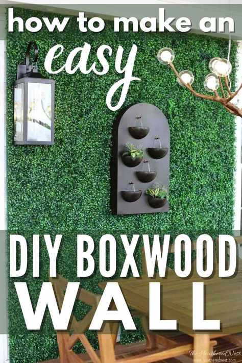 Faux boxwood or faux floral walls are awesome for parties, and for beautiful and affordable home decor both inside and outdoors. Learn how to make a gorgeous DIY boxwood wall in just 5 steps. #DIYboxwoodwall #DIYphotowall #greenwall #greenphotobackdrop #boxwoodwall #greenerywall #wallmountedwaterfeature #outdoorliving #outdoordartboard #outdoorlivingideas #boxwood #boxwoodpanels #greenerypanels Greenery Patio Wall, Making A Green Wall, Faux Plant Wall Outdoor, Grass Wall With Neon Sign Diy, Faux Foliage Wall, Faux Grass Wall Backyard, Faux Hedge Wall Outdoor, Grass Wall Backdrop Classroom, Faux Greenery Wall Indoor